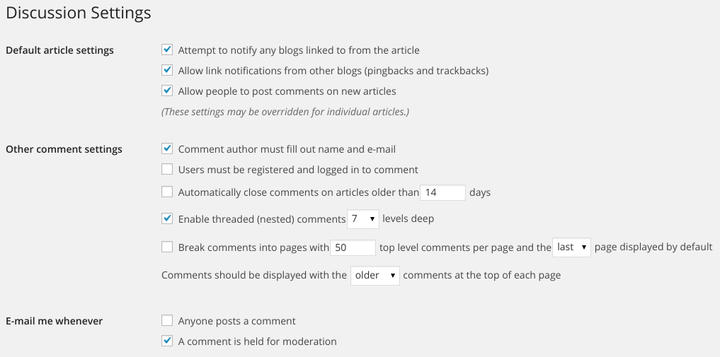 WordPress comments settings