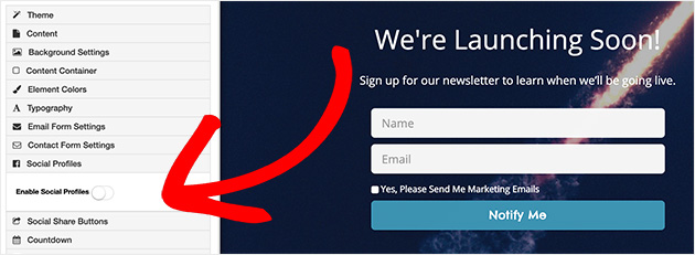 Add social profile buttons to coming soon page with seedprod
