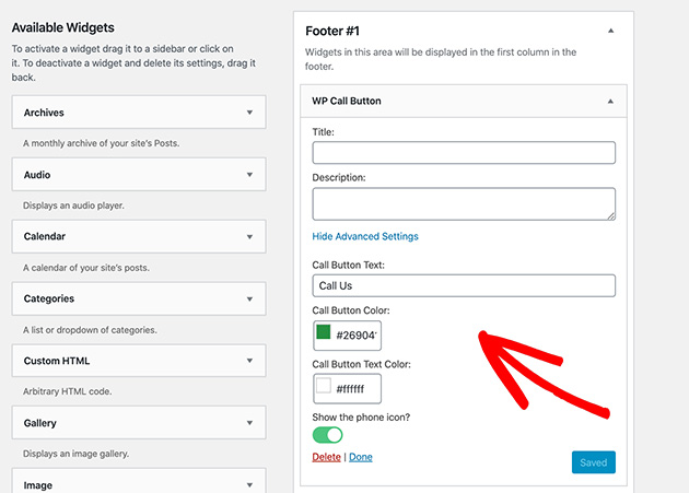 Click to call button widget settings