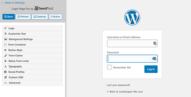 the login page pro builder screen