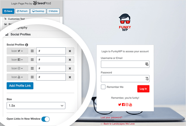 Enter your social profile links and icons to display on your custom login page