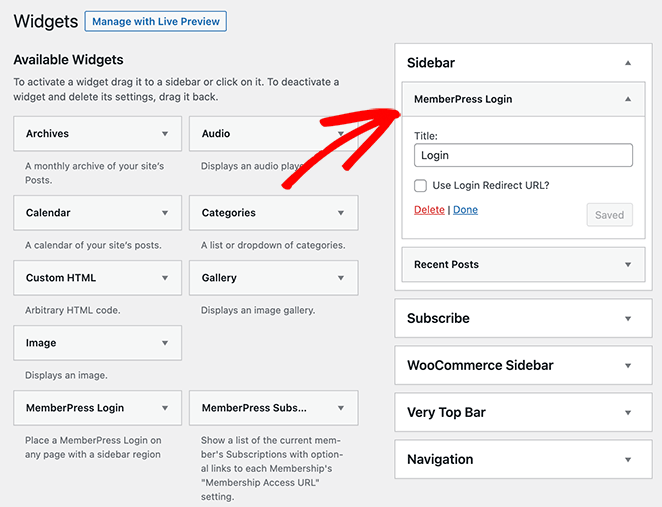 Add the memberpress login widget to WordPress