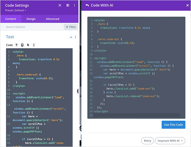 Divi AI generated code