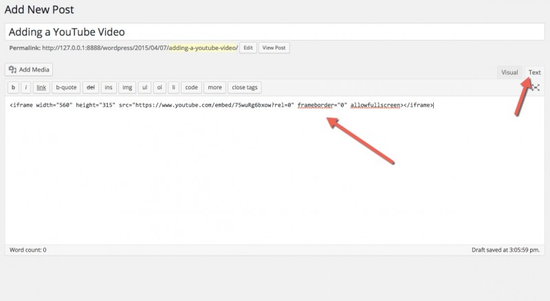 Adding a YouTube iframe embed to WordPress