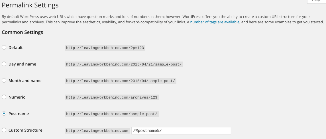 WordPress permalinks settings