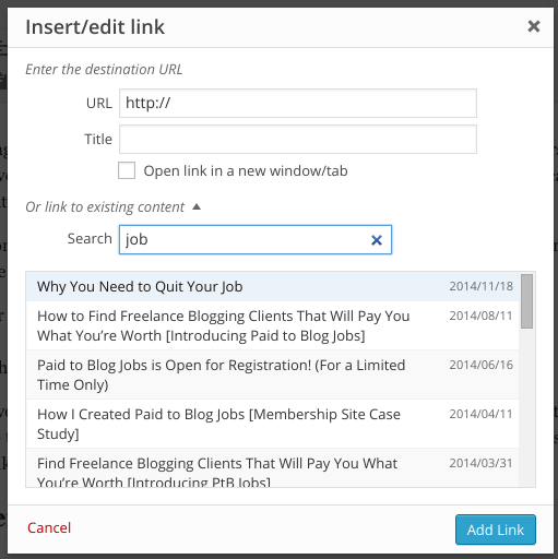 WordPress 'Insert/edit link' popup