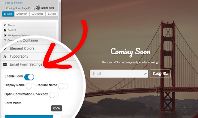 email form settings - collect emails on your under construction page