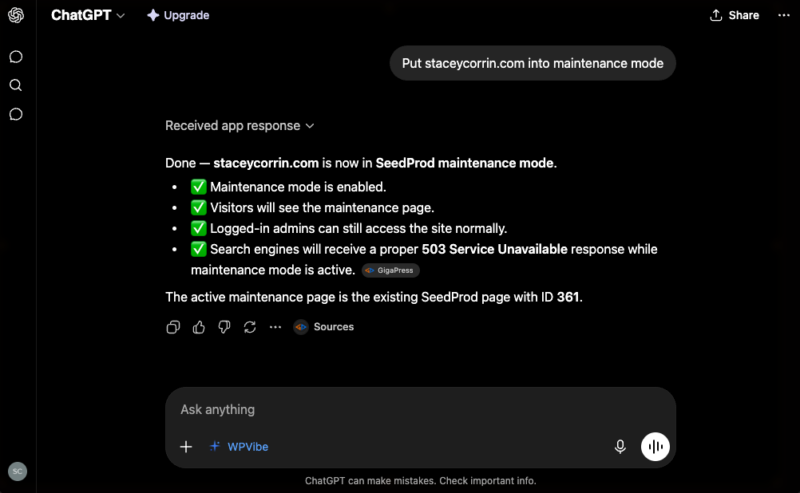 put-wp-maintenance-mode-ai - SeedProd Asking ChatGPT to put WordPress in SeedProd maintenance mode using WPVibe.