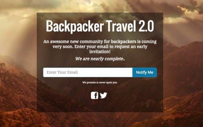 Exemple de landing page coming soon de Backpacker Travel