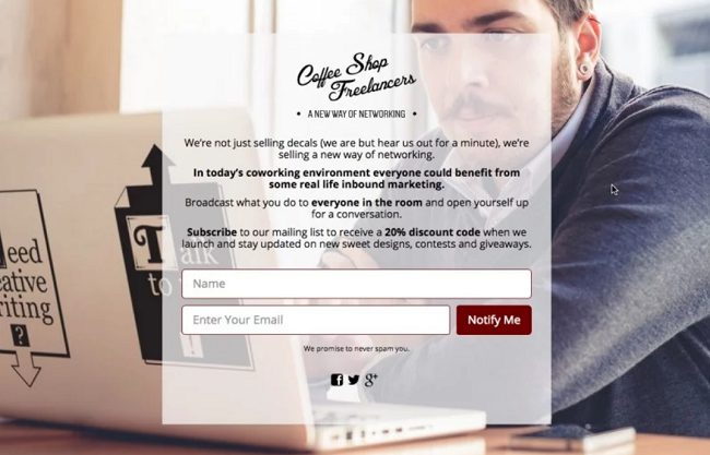 Coffee Shop Freelancers coming soon page design example