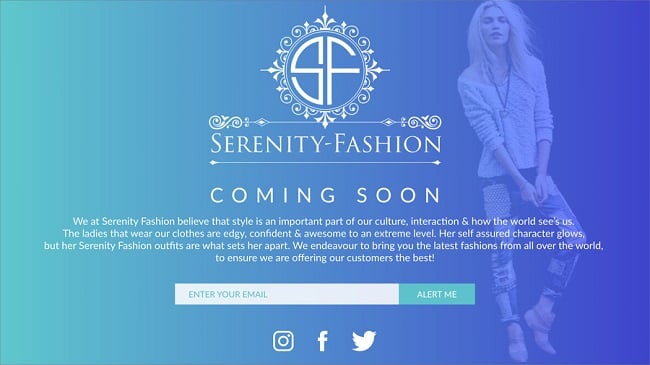 Serenity Fashion exemple de page coming soon