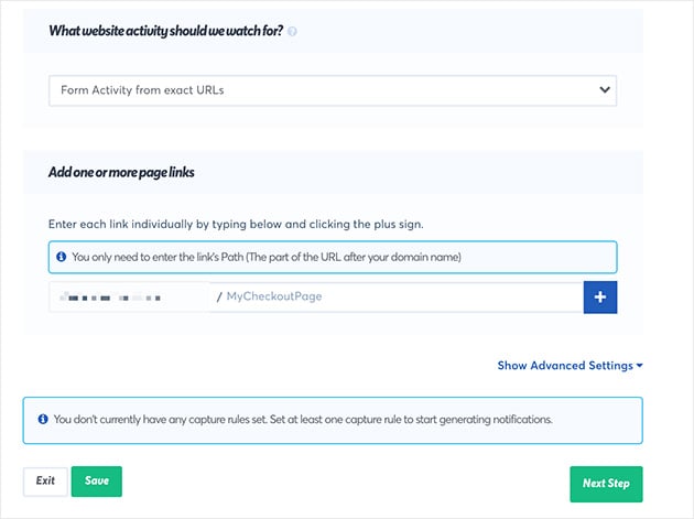 An overview of the activity you'd like TrustPulse recent sales notifications to look out for.  Choose your activity, ad your page links and click next step.