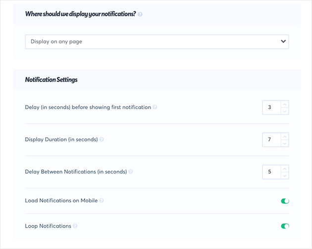 TrustPulse display rules. Display on any page, delay in seconds and load notifications on mobile.