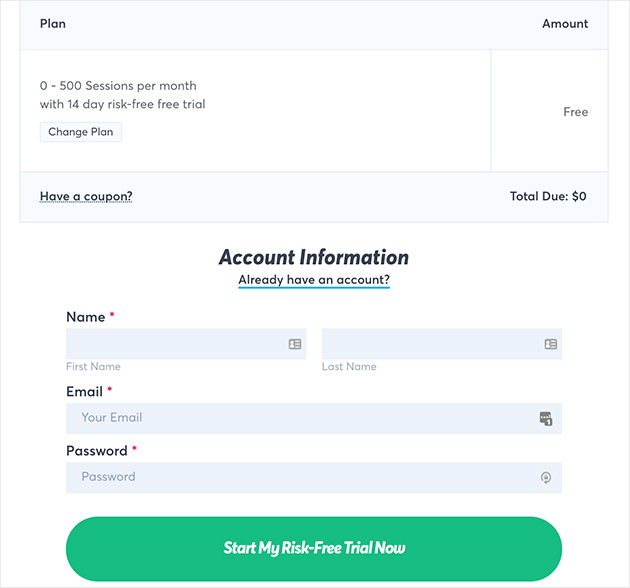 An overview of your plan details. enter your name, email and password to create your account.