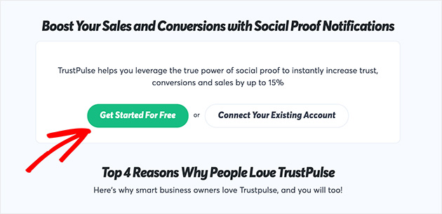 Click get started for free to create your TrustPulse account