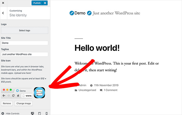 A preview of adding a favicon to your website, using the WordPress customizer