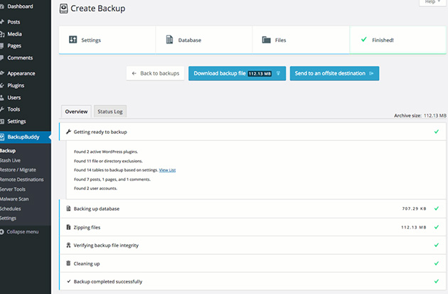 Screenshot of someone using the Backup Buddy plugin to backup their WordPress site.