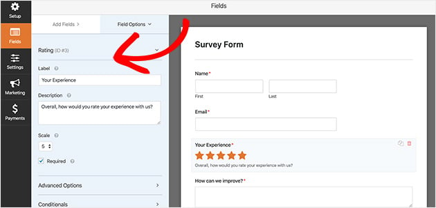 Preview of changing the rating field options in a WPForms survey form