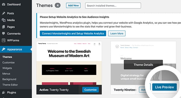 Change your WordPress theme without losing content by using the Live Preview option