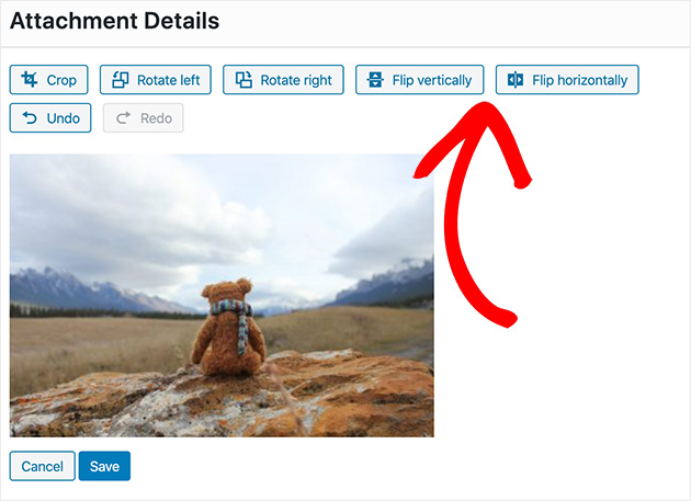 To flip an image in WordPress, click flip vertically or flip horizontally
