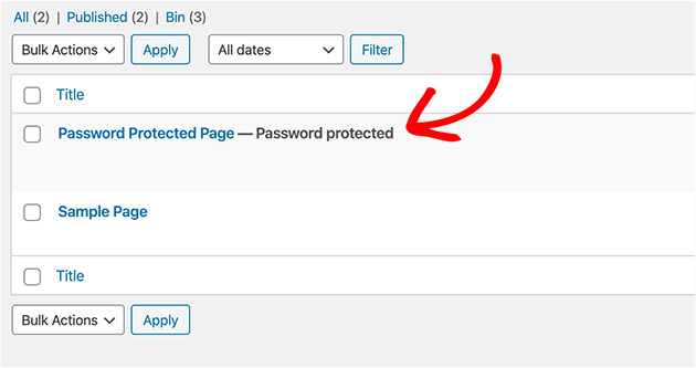 List view of a WordPress password protect page