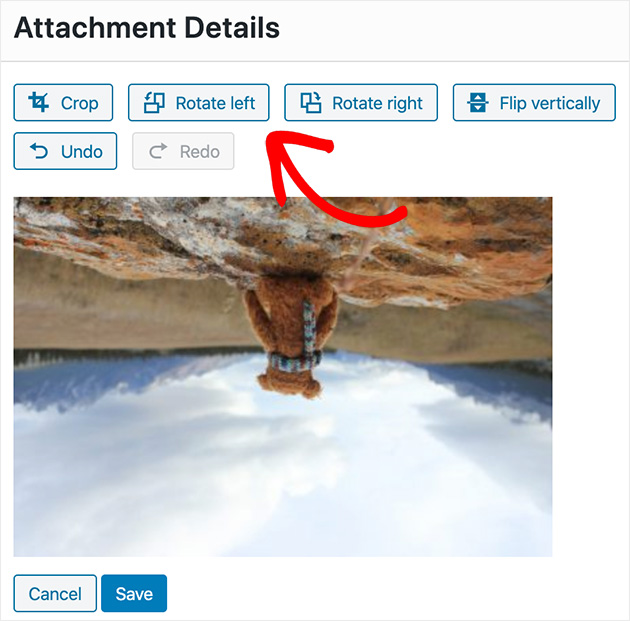 Use WordPress to rotate an image by clicking rotate left or rotate right.