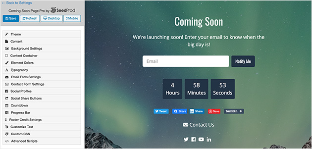 SeedProd coming soon page settings for editing your page design