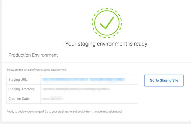 Your staging environment is ready, click go to staging site