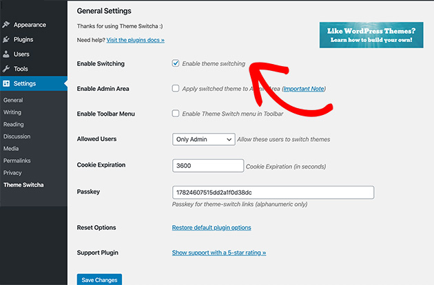Enable theme switching in the the Switcha plugin settings