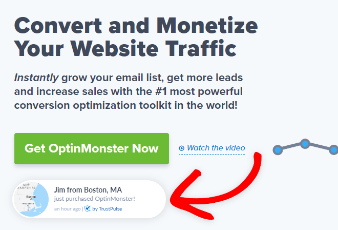 Screenshot of the TrustPulse recent activity campaign live on the OptinMonster website
