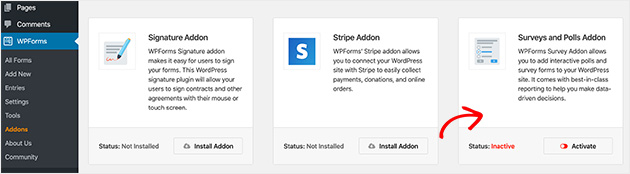 click to activate the surveys and polls addon in your WPForms WordPress admin area