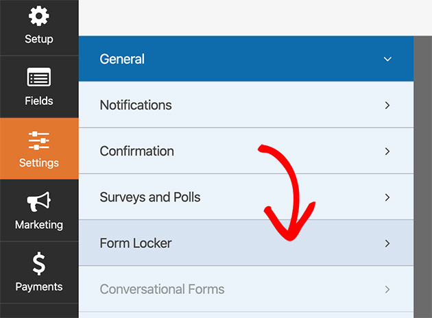 Click the form locker option to password protect your WPForm