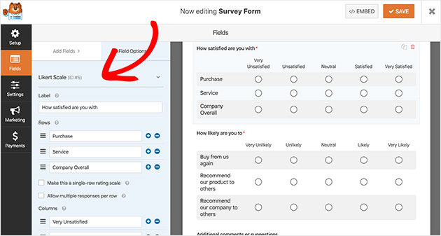 Preview of editing the likert scale in a WPForms survey form