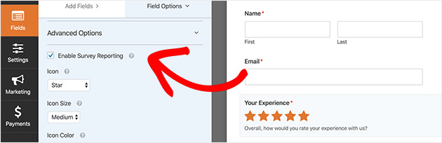 enable survey reporting only for specific fields in WPForms