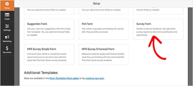 click the survey form template to create a new WordPress form