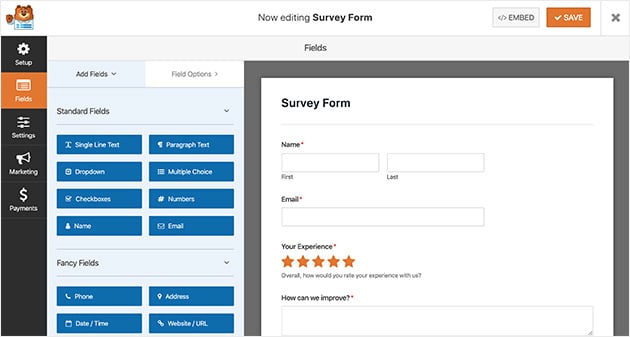 Preview of a WPForms new survey form from the survey form template