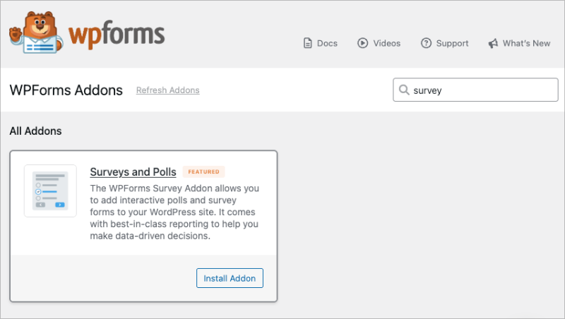 cliquez pour activer l'addon enquêtes et sondages dans votre zone d'administration WordPress WPForms