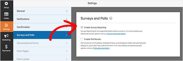 enable the survey reporting settings in WPForms