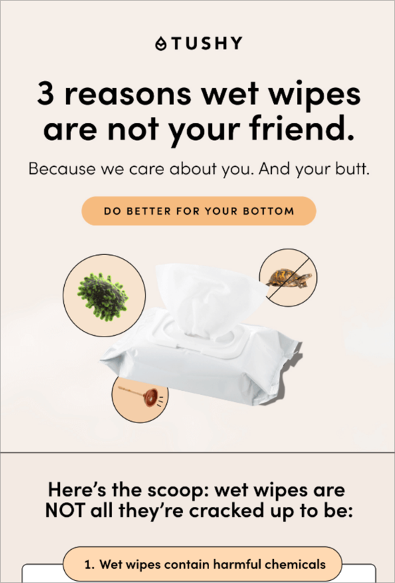 tushy-email-marketing-example - SeedProd Tushy brand email marketing example with quirky, engaging content