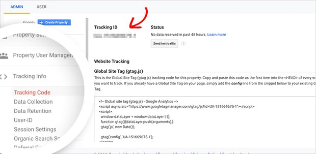 Copy your Google Analytics Tracking ID from the tracking info section