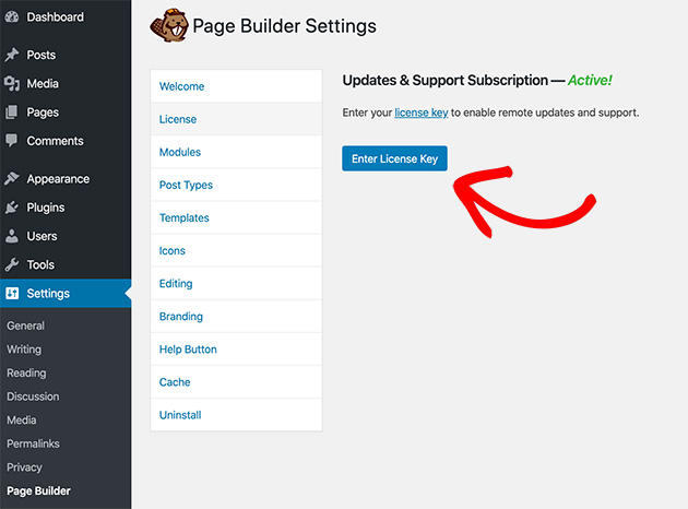 Enter your Beaver Builder license key