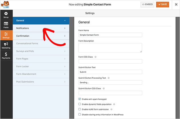 create a contact form general settings
