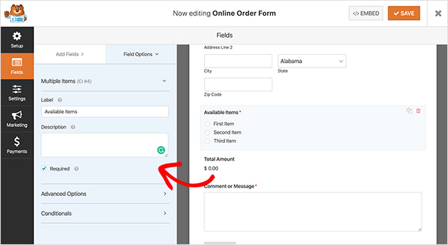 Editing an online order form in WPForms