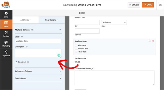 You can use a WPForms Online Order Form to sell on WordPress without WooCommerce