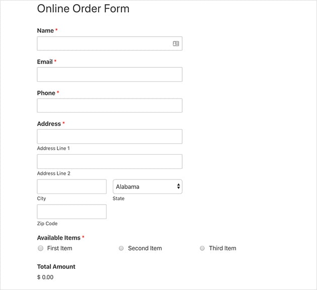 This is what your online order form will look like after it's published