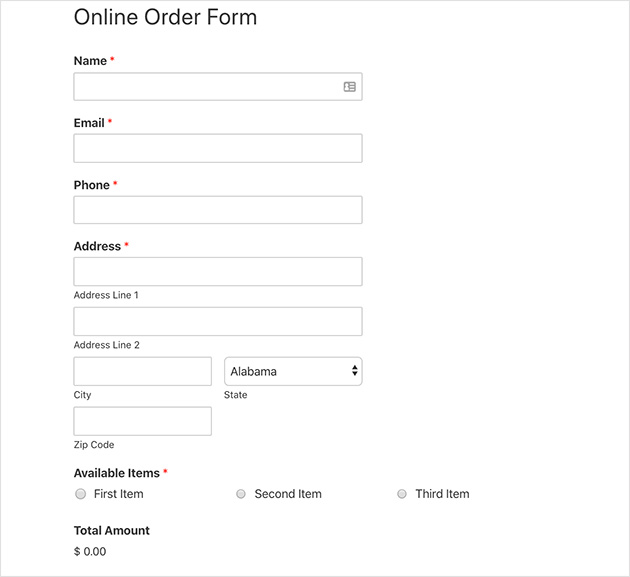 Voici à quoi ressemblera votre formulaire de commande en ligne une fois qu'il aura été publié