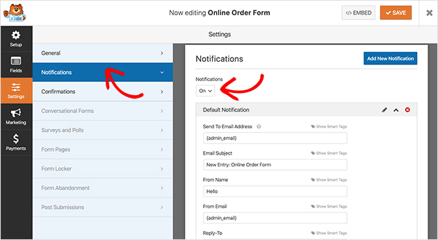 online order form notifications in WPForms for WordPress