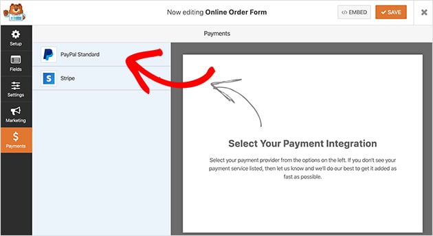 Paramètres des options de paiement de WPForms