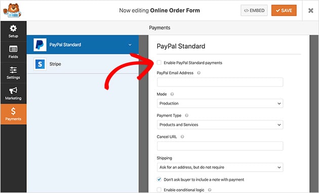 Enter your PayPal payment settings