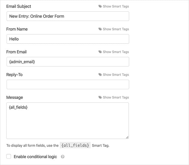 order form notification settings